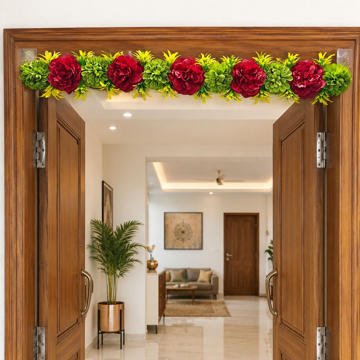 Handmade Red Floral Bandhanwar Toran for Main Door & Mandir Decor | 40 Inch Toran-image-3