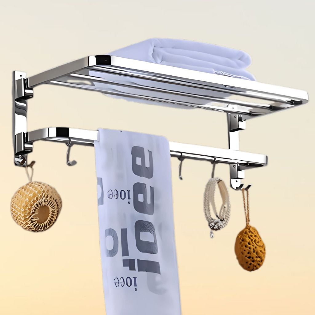 Rustproof Bathroom Towel Rack Shelf with Utility Hooks Silver Towel Holder-image-36