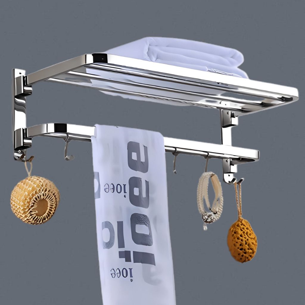Modern Bathroom Foldable Storage Shelf with Hook Rail Silver Towel Holder-image-36