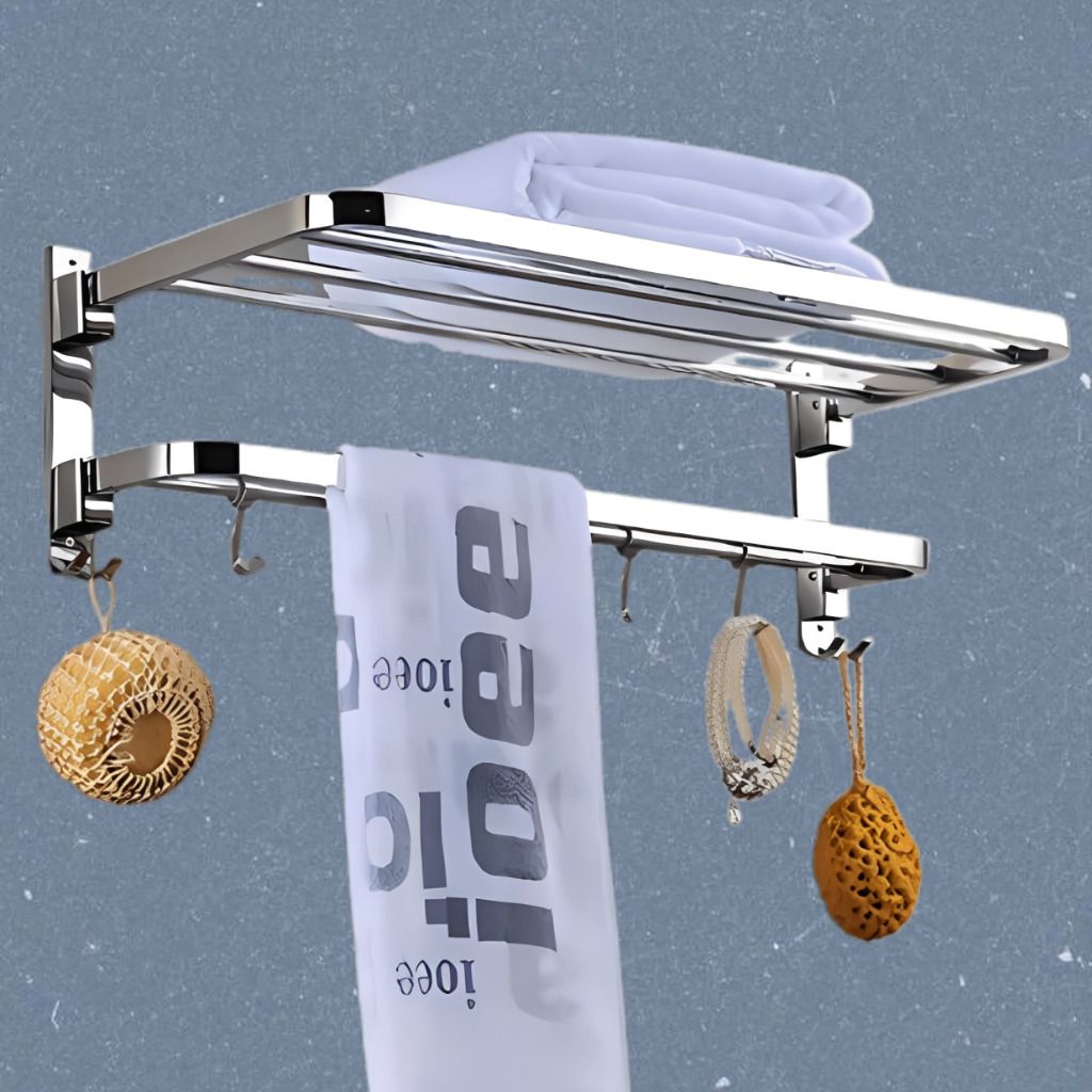 Wall Mounted Foldable Towel Rack with Hanging Hooks for Bathroom Silver Towel Holder-image-17