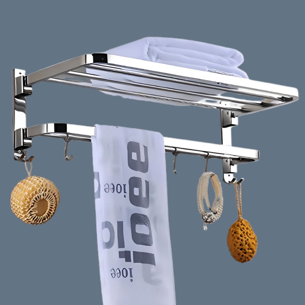 Foldable Utility Bathroom Rack with Storage and Hooks Silver Towel Holder-image-31