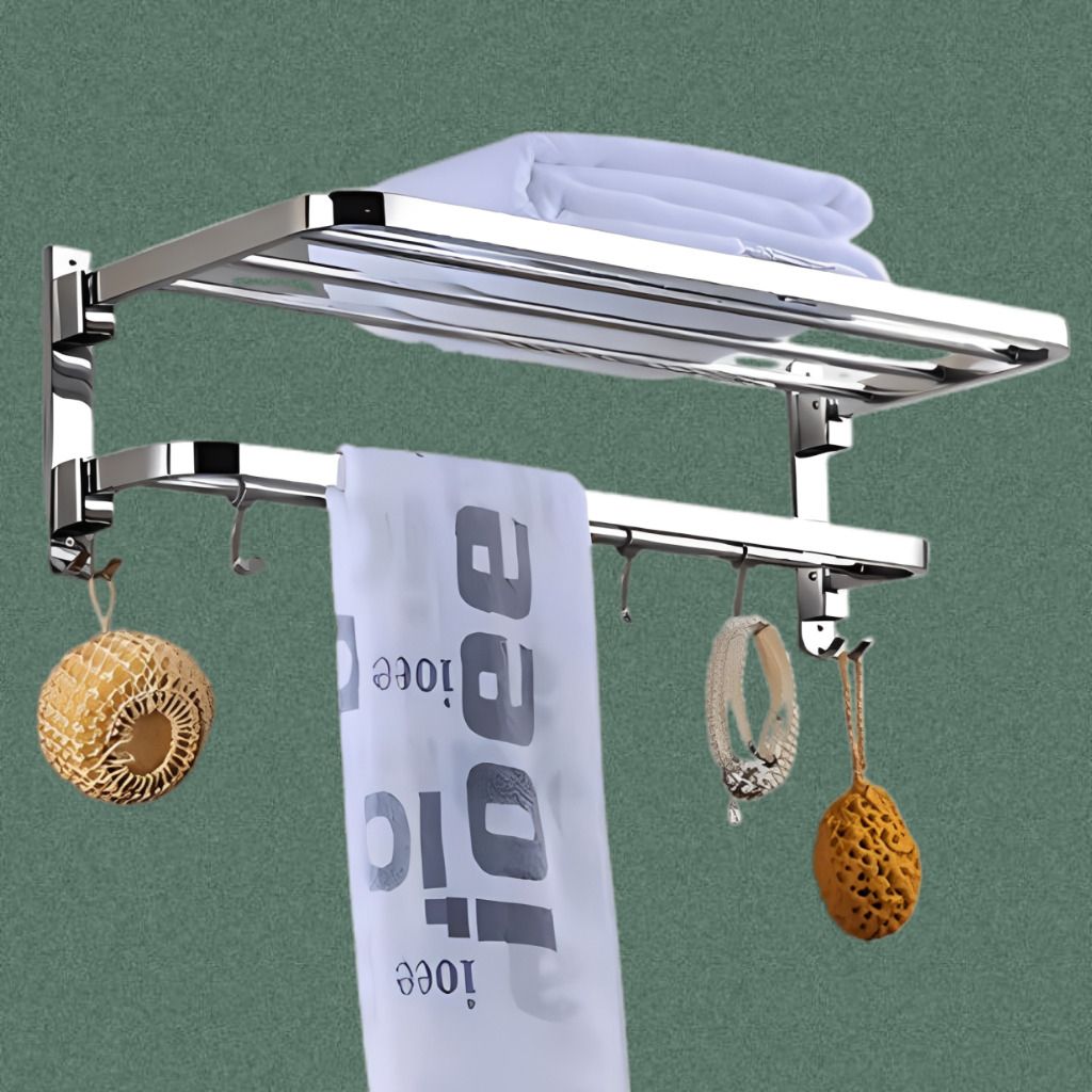 Multipurpose Wall Mounted Towel Rack with Hanging Rod and Hooks Silver Towel Holder-image-36