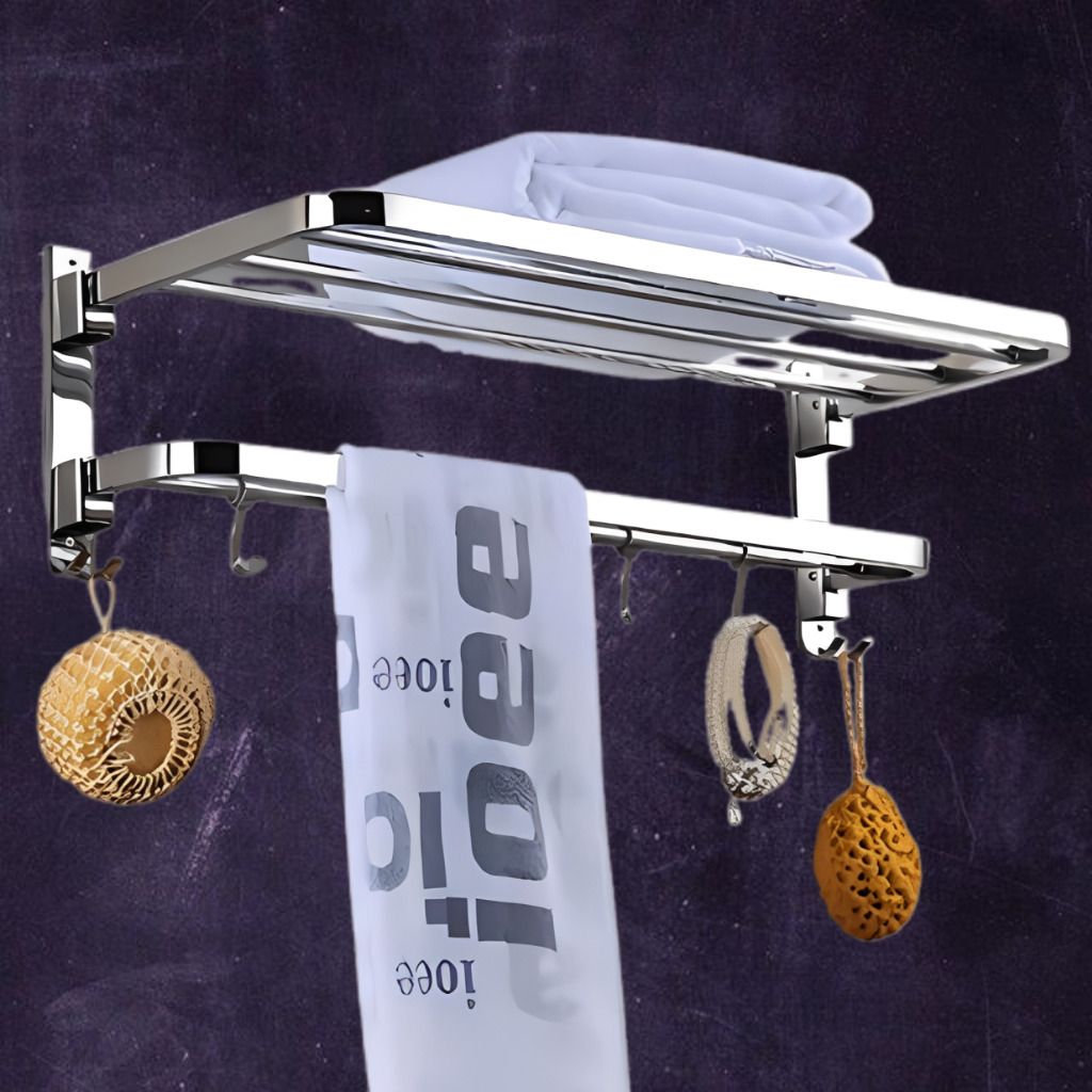 Rust Resistant Bathroom Towel Rack with Top Storage Shelf Silver Towel Holder-image-20