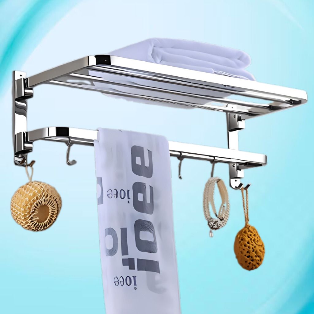adonz Folding Towel Rack with Hanging Hooks for Bathroom Organization Silver Towel Holder-picture-10