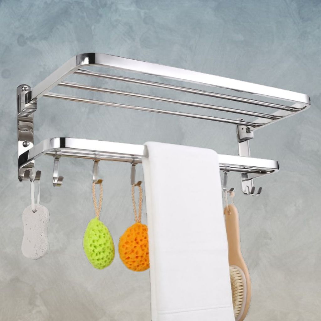 AquaMaster Ultra Bathroom Wall Shelf with Folding Utility Hooks Silver Towel Holder-image-8