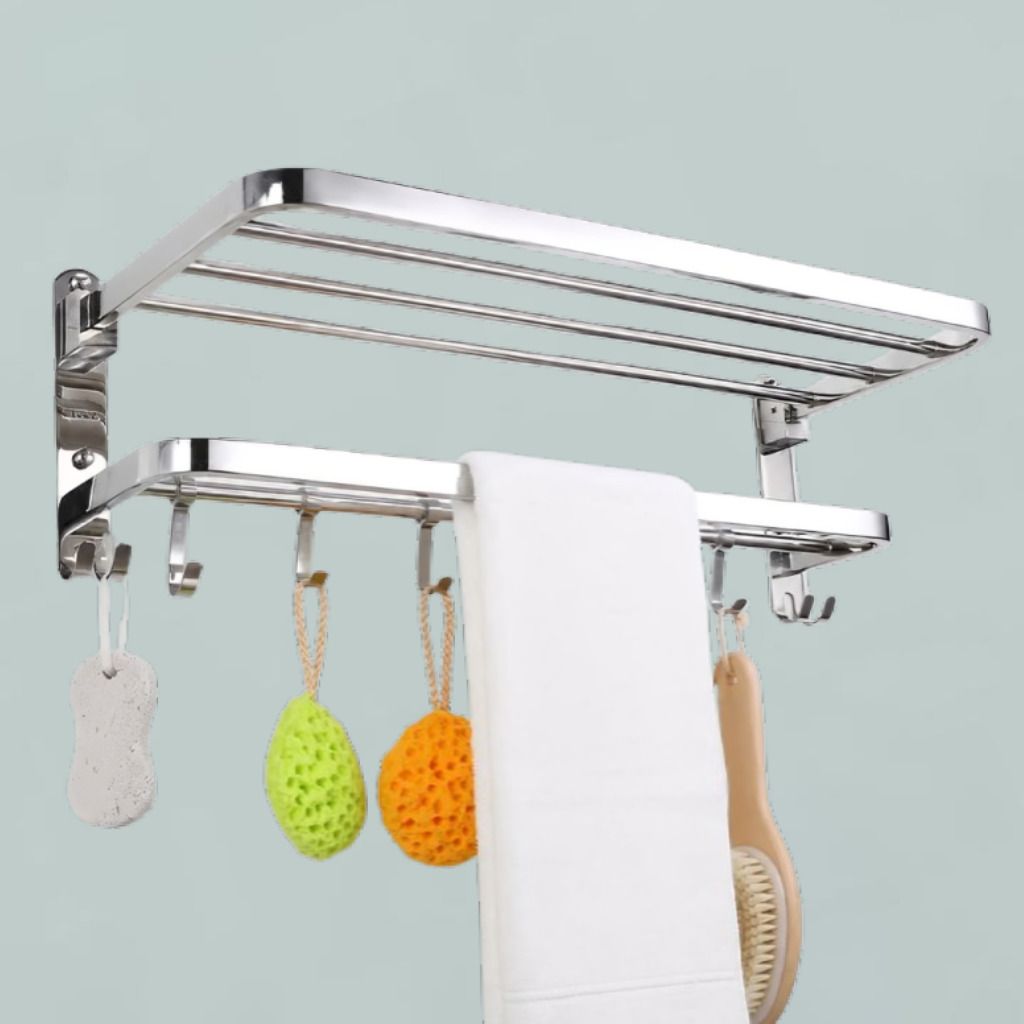 AquaMaster Plus Luxury Bathroom Towel Shelf with Utility Hanging Hooks Silver Towel Holder-image-14