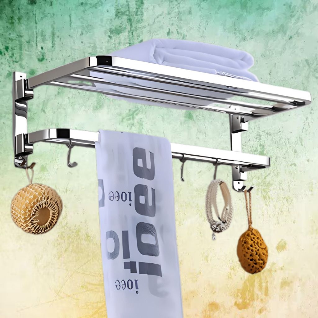 Wall Mounted Bathroom Rack with Foldable Storage Shelf Silver Towel Holder-image-46