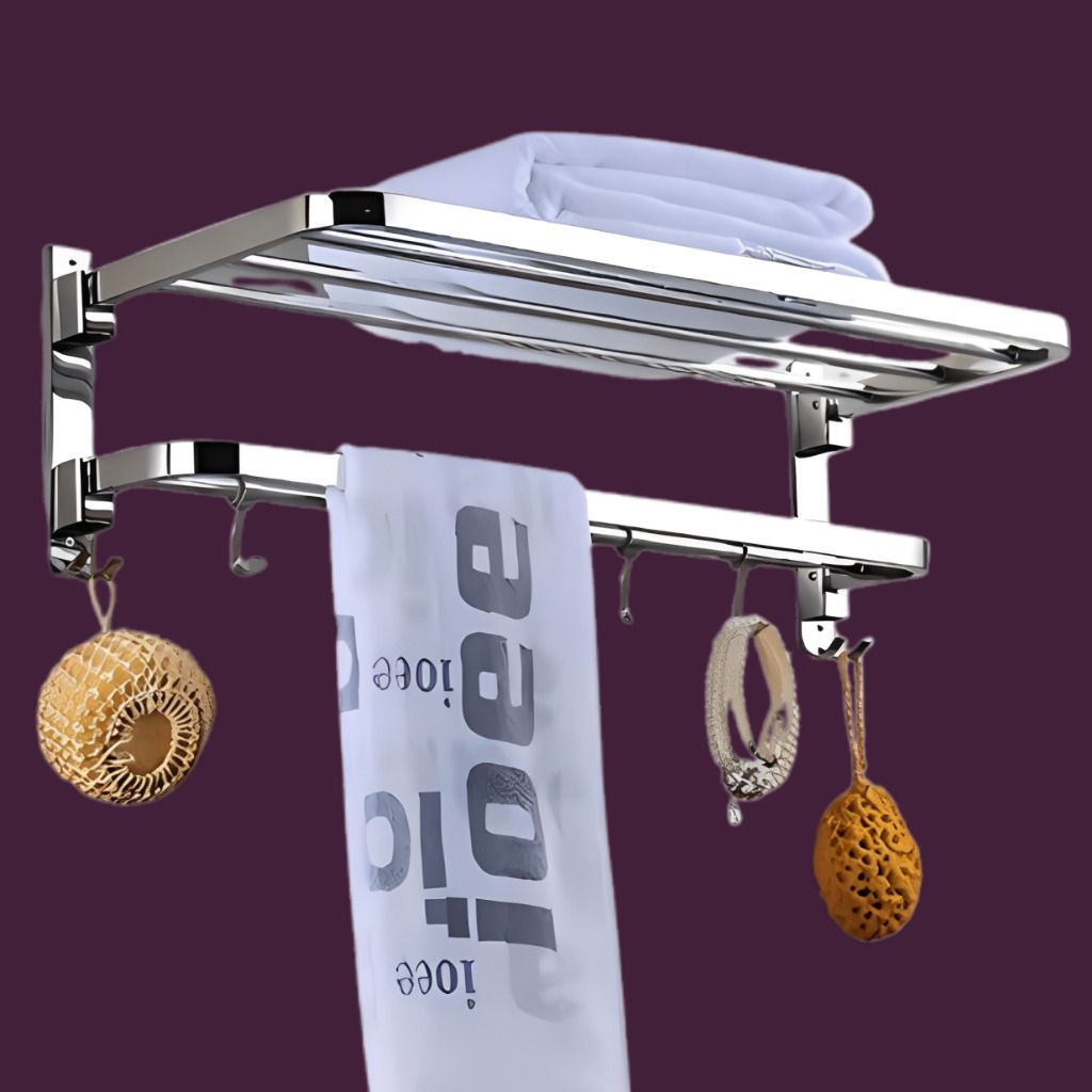 Modern Bathroom Wall Organizer with Foldable Shelf Design Silver Towel Holder-image-7