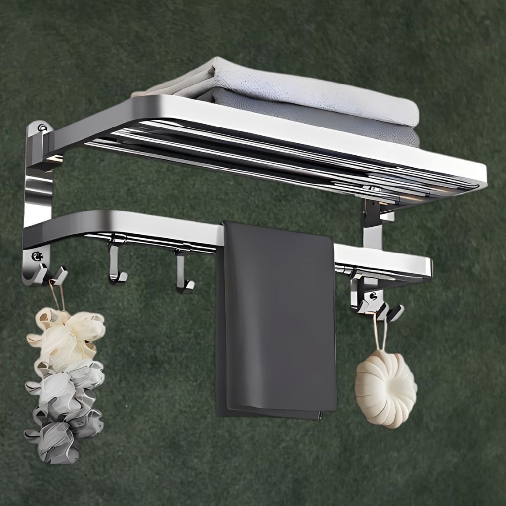 HydroFlex No Drill Stainless Steel Foldable Dual Towel Holder Rail Silver Towel Holder-image-4