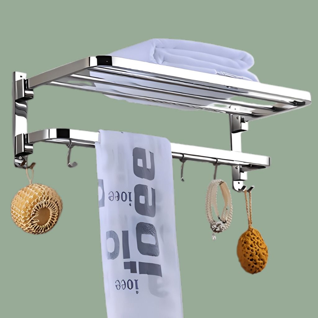 Stainless Steel Bathroom Shelf with Hanging Hook Storage Silver Towel Holder-image-36