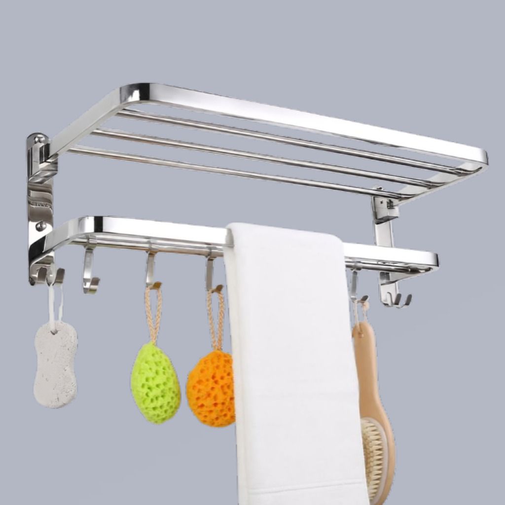 HydroFlex Premium Foldable Bathroom Shelf with Linen Storage Bar Silver Towel Holder-image-3