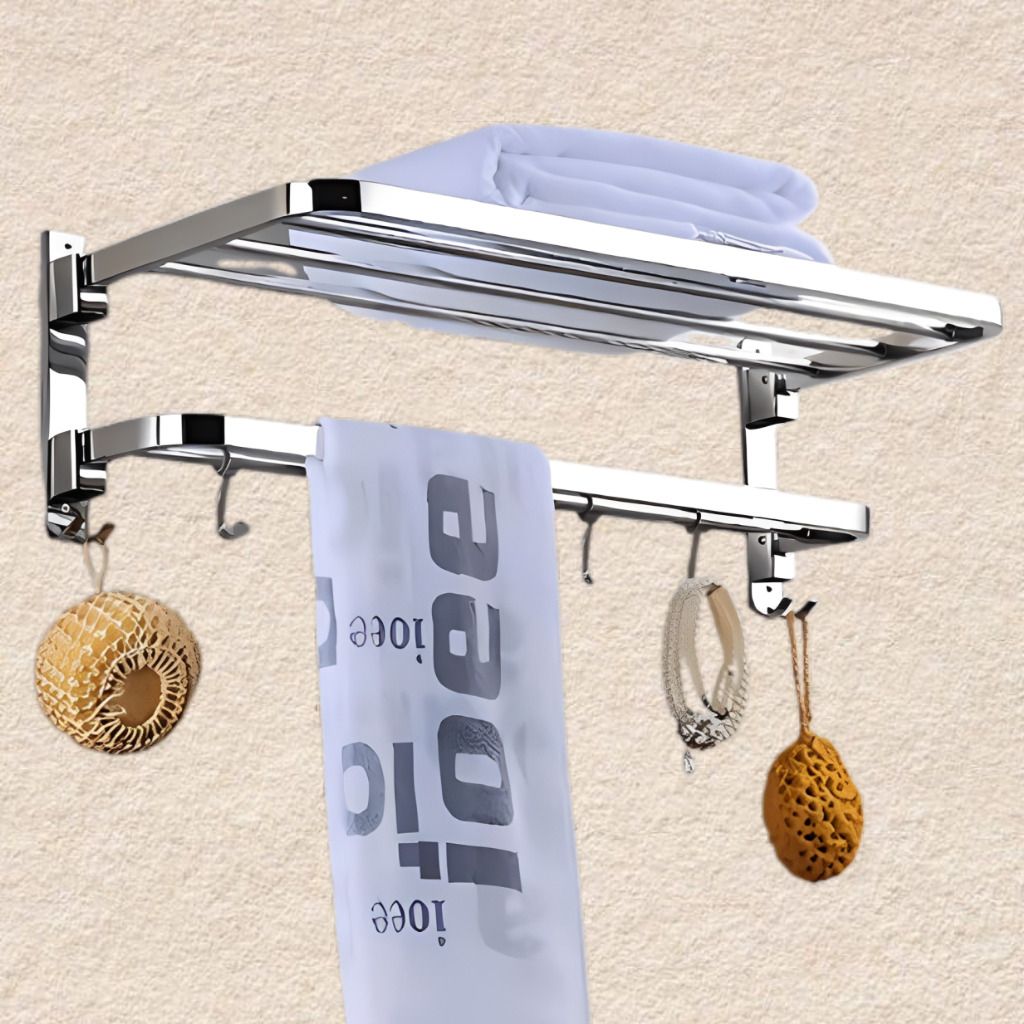 Bathroom Storage Rack with Folding Shelf and Hanging Rod Silver Towel Holder-image-28