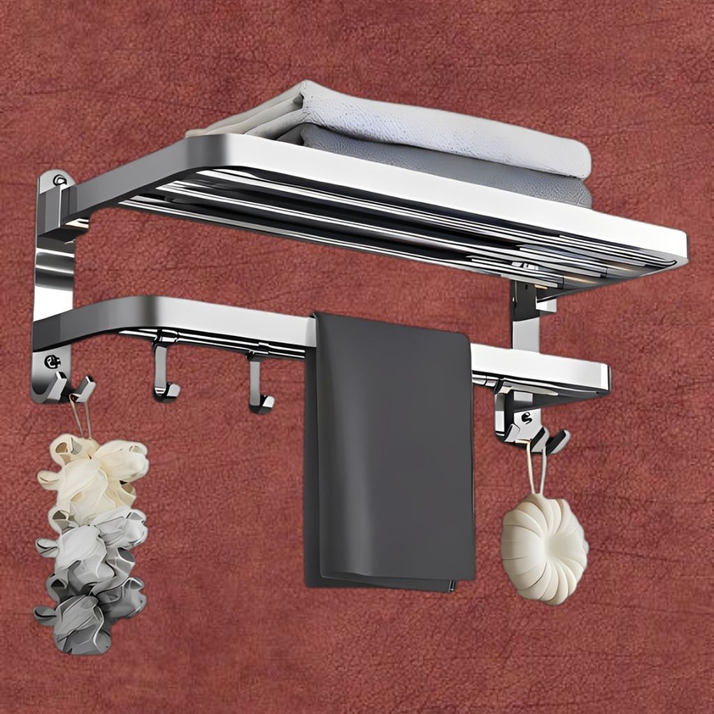 SteelCore Wall Mounted Foldable Towel Rail with Hooks Steel Silver Towel Holder-image-31