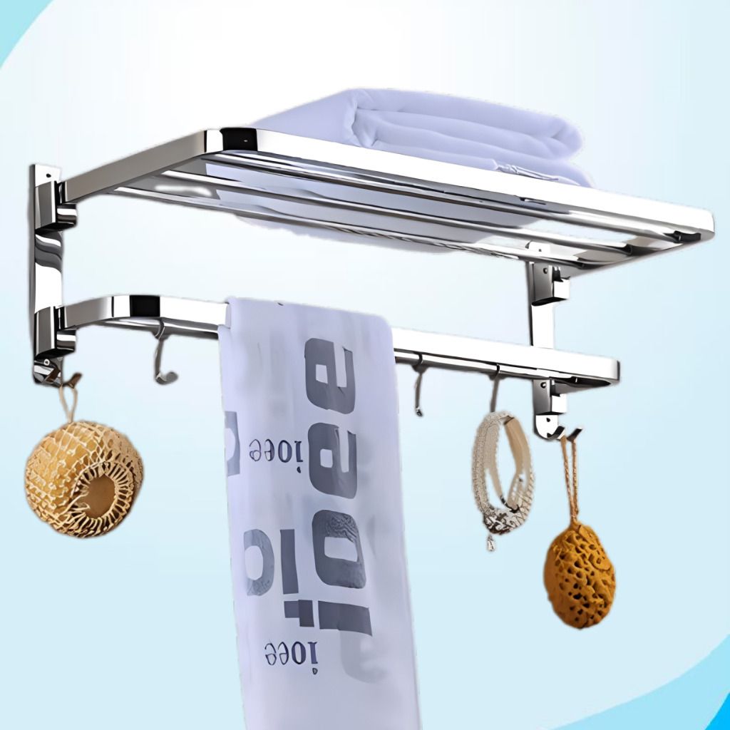 Bathroom Stainless Steel Shelf with Towel Hanging Bar Silver Towel Holder-image-10