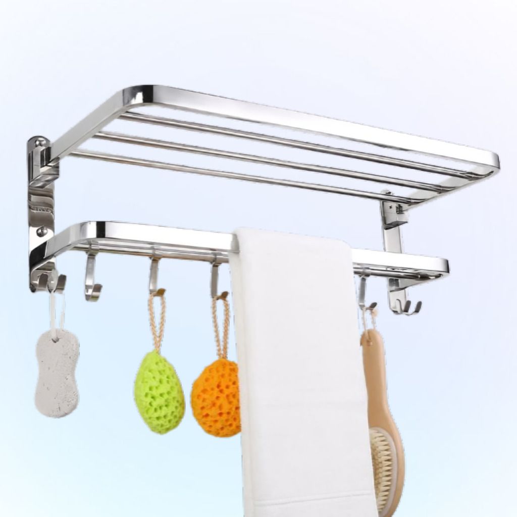 SilverCore Luxury Wall Mounted Towel Shelf with Multi Utility Hooks Elite Silver Towel Holder-image-7
