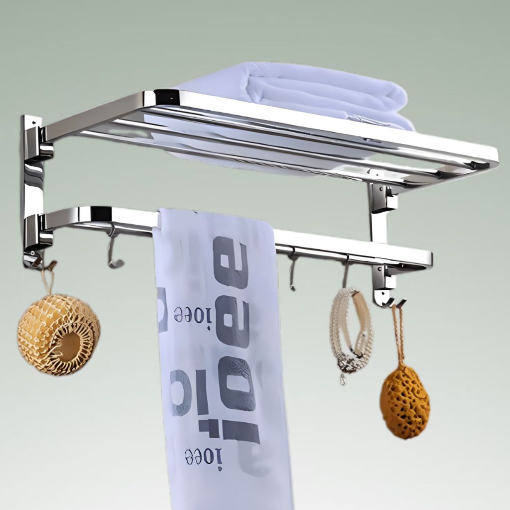 Folding Stainless Steel Bathroom Utility Storage Shelf Silver Towel Holder-image-16