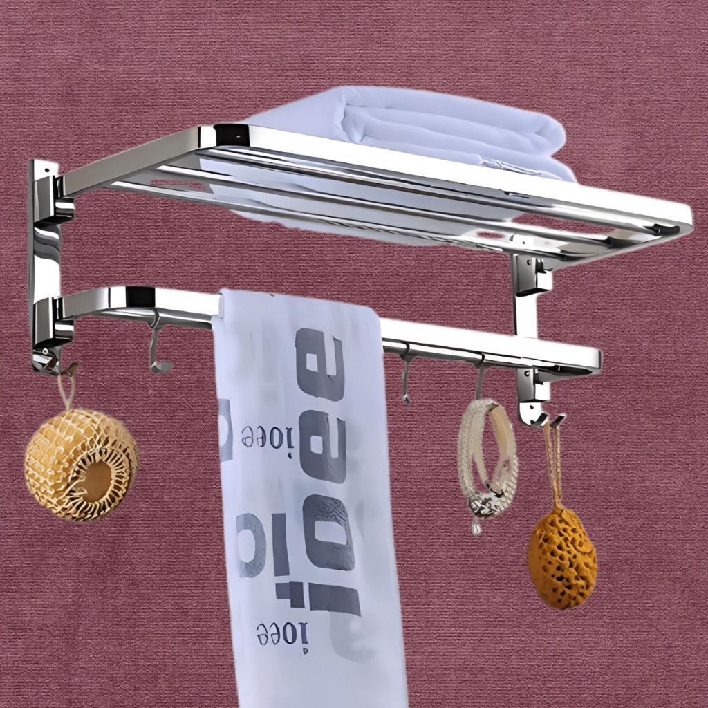 Fold Away Bathroom Towel Rack with Storage Shelf and Bar Silver Towel Holder-image-32