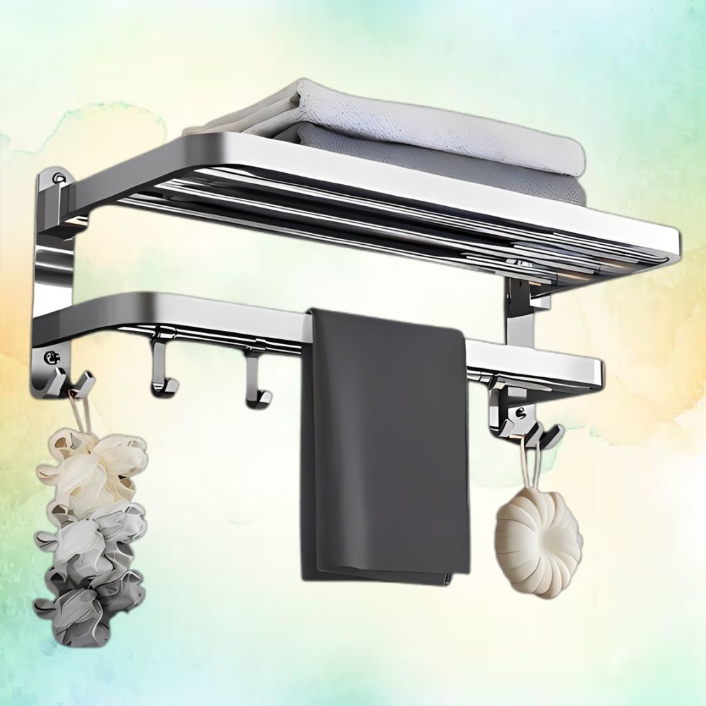 AquaGrip Foldable Stainless Steel Bathroom Towel Rail with Hooks Silver Towel Holder-image-34