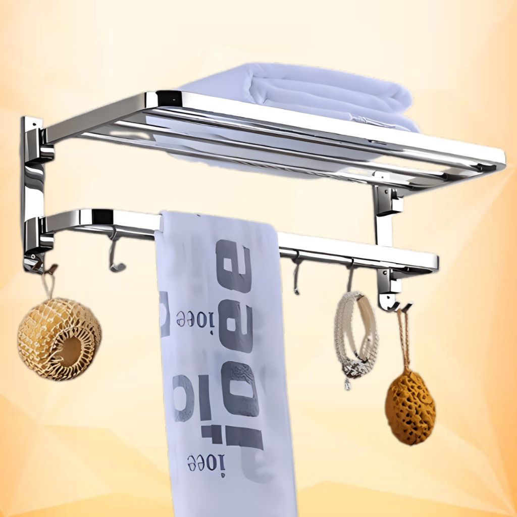 Space Efficient Foldable Bathroom Towel Holder Shelf Silver Towel Holder-image-33