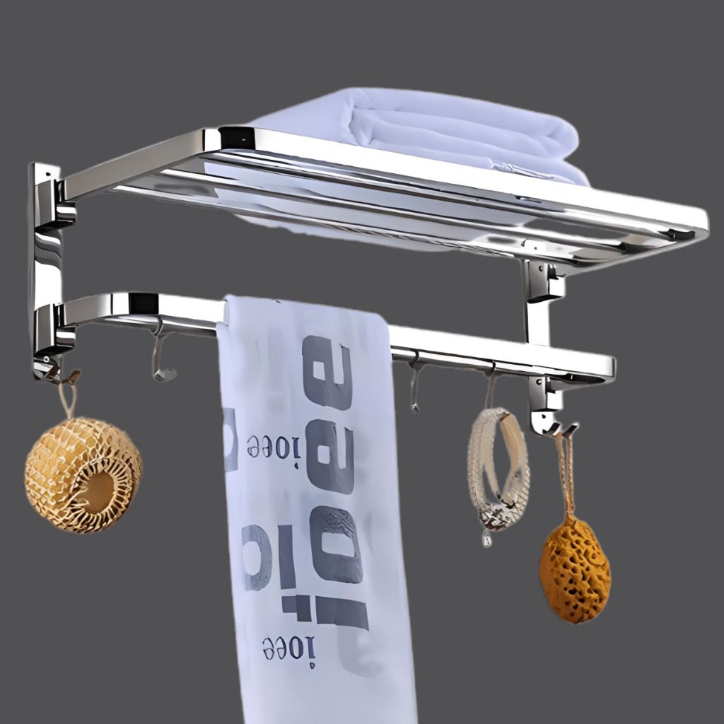 Folding Bathroom Shelf for Towels Clothes and Bath Accessories Silver Towel Holder-image-0