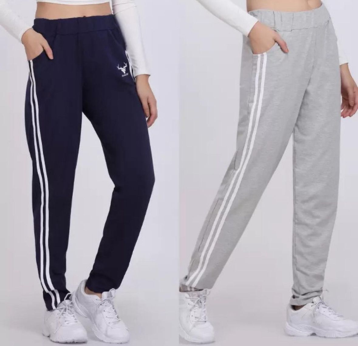 Pack of 2 Women Striped Grey, Dark Blue Track Pants