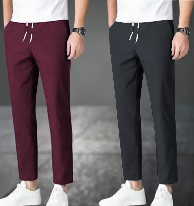Pack of 2 Men Solid Dark Blue, Maroon Track Pants-image-11