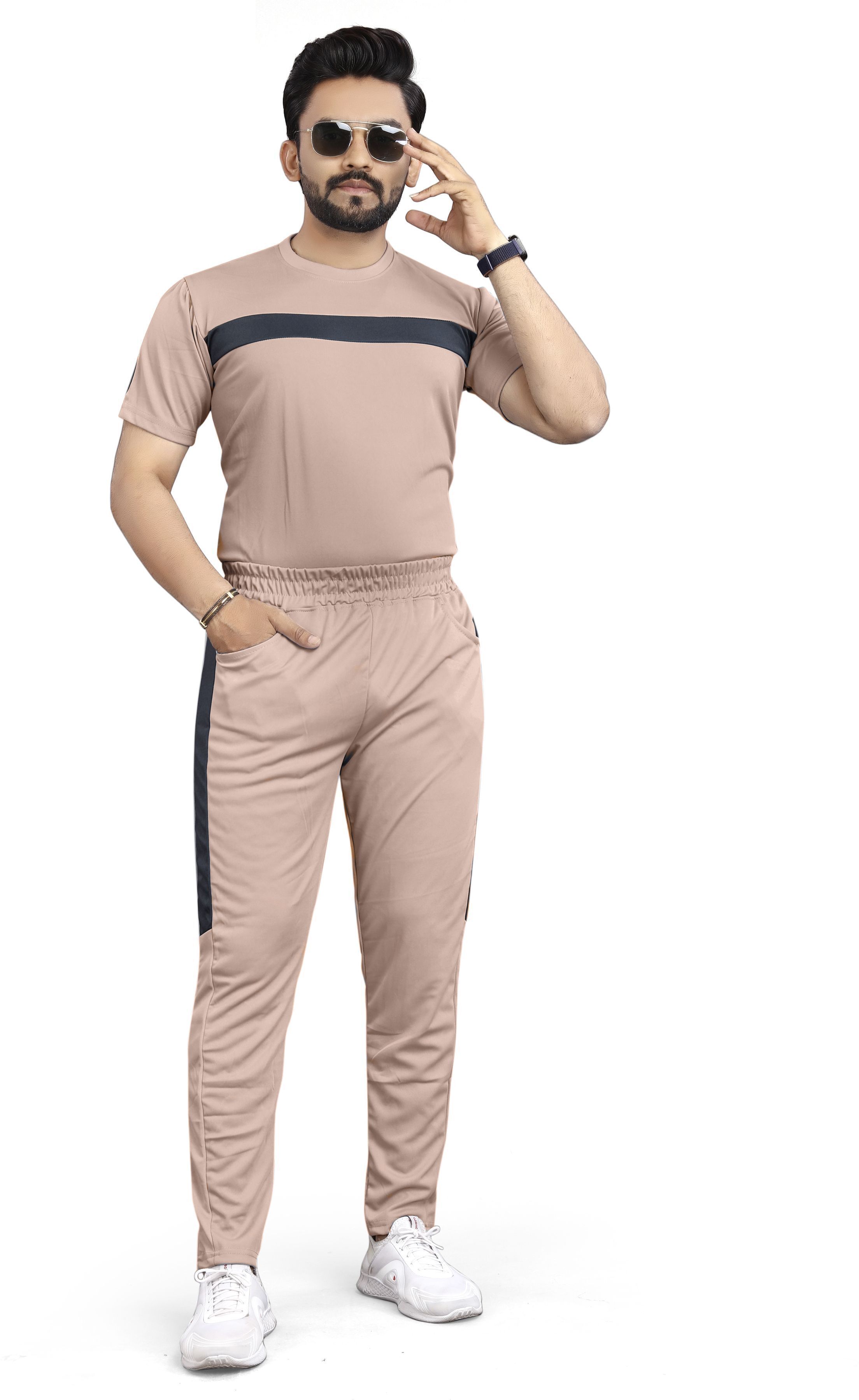 Men Night Suit Set Beige Self Design-image-46