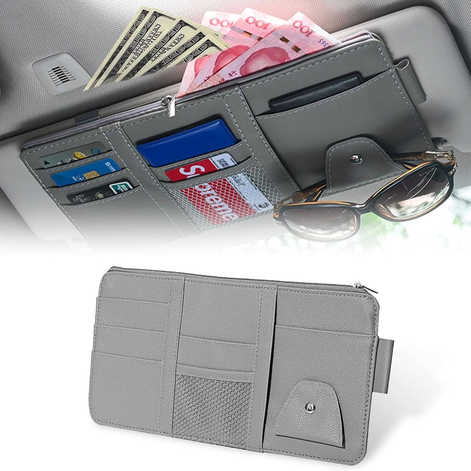 Car Accessories, Sun Visor Organizer, Sunglass Pen Card Small Document Storage Grey Car Sunglass Clip Holder-image-13
