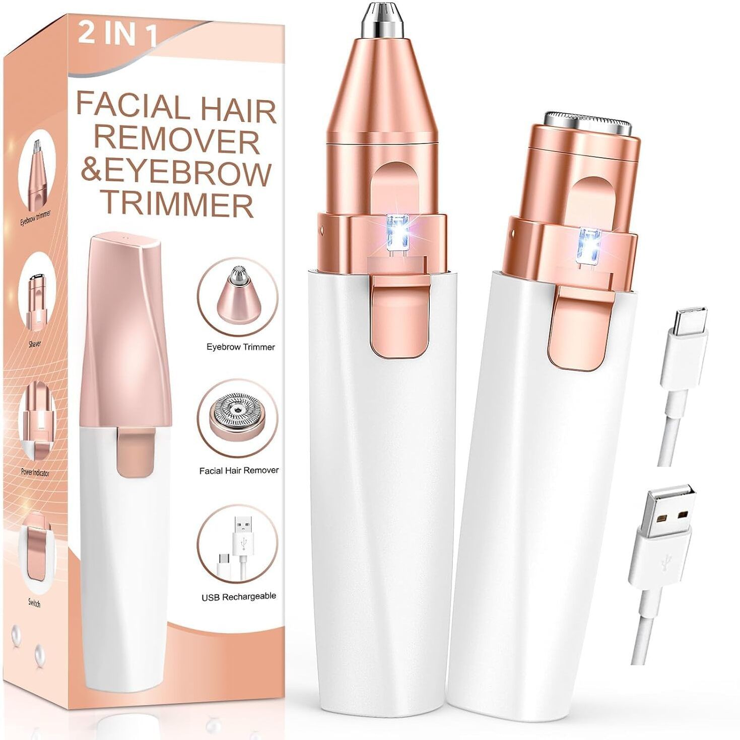 Yiveko 2-in-1 Facial Hair Remover & Eyebrow Trimmer for Women | USB Rechargeable Painless Face Hair Removal Device | Eyebrow Shaper, Upper Lip, Chin & Peach Fuzz Remover with LED Light (Rose Gold) Cordless Epilator-image-44