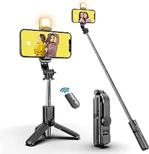 TECHWEAR R1S SELFIE STICK WITH REMOTE & SELFIE LIGHT BLUETOOTH 3 IN 1 SELFIE STICK T263 Tripod image 1