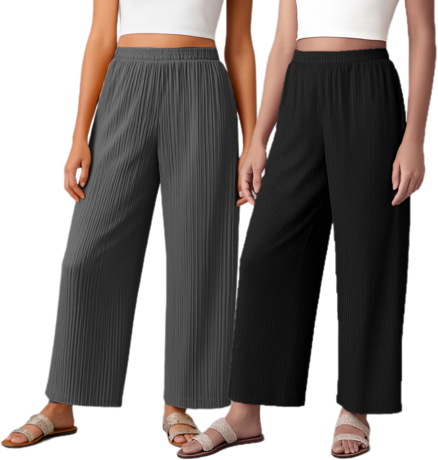 Pack of 2 Women Relaxed Black, Grey Crepe Trousers