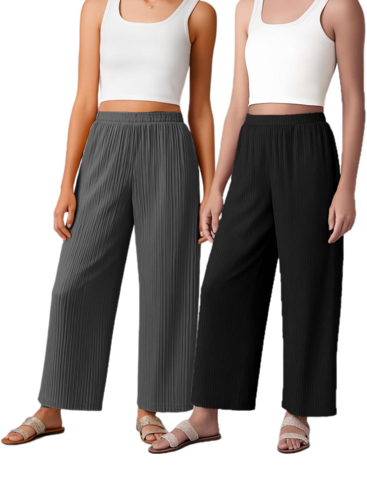 shopsolution Pack of 2 Women Relaxed Black, Grey Crepe Trousers-picture-11