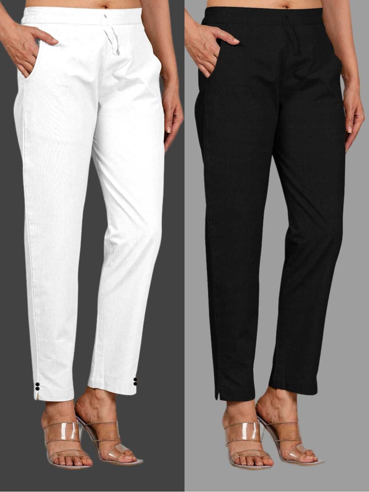 Pack of 2 Women Straight Fit Black, White Cotton Blend Trousers-image-12