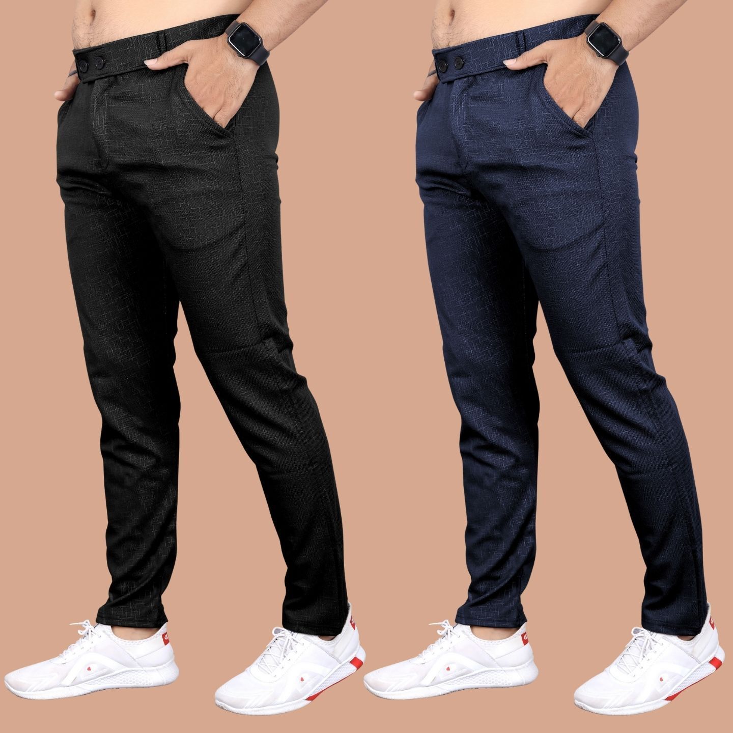 indiclub Pack of 2 Men Regular Fit Blue, Black Lycra Blend Trousers-picture-19