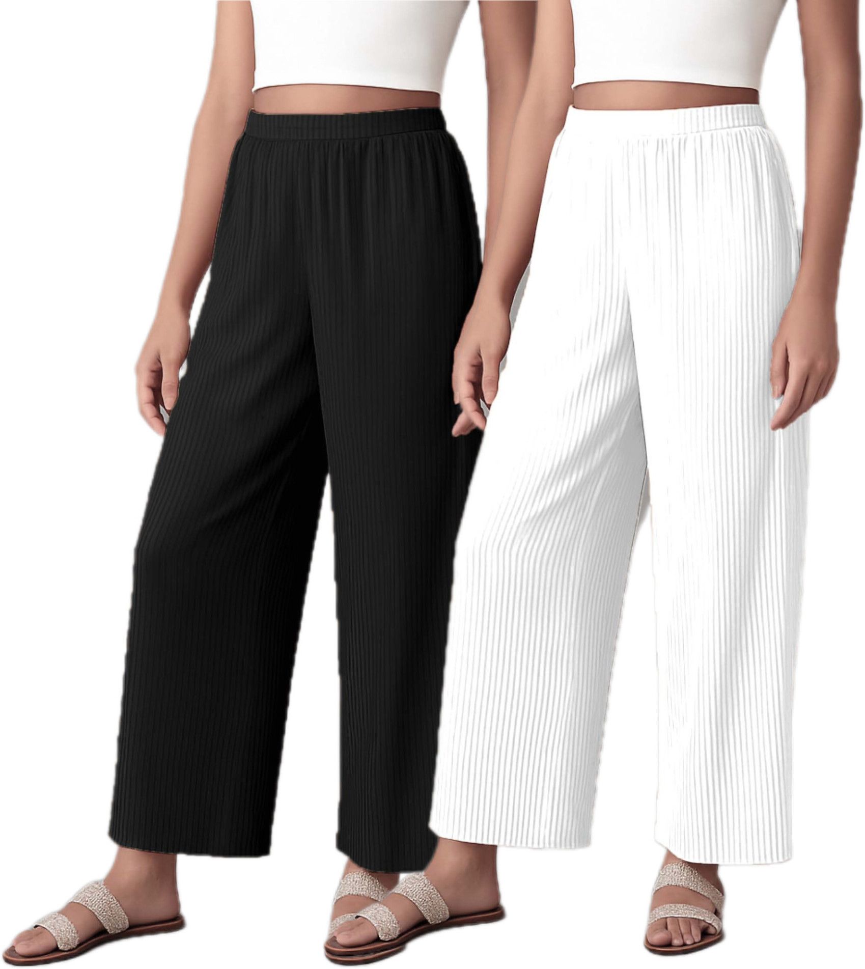 fabricalign Pack of 2 Women Relaxed Black, White Crepe Trousers-picture-34