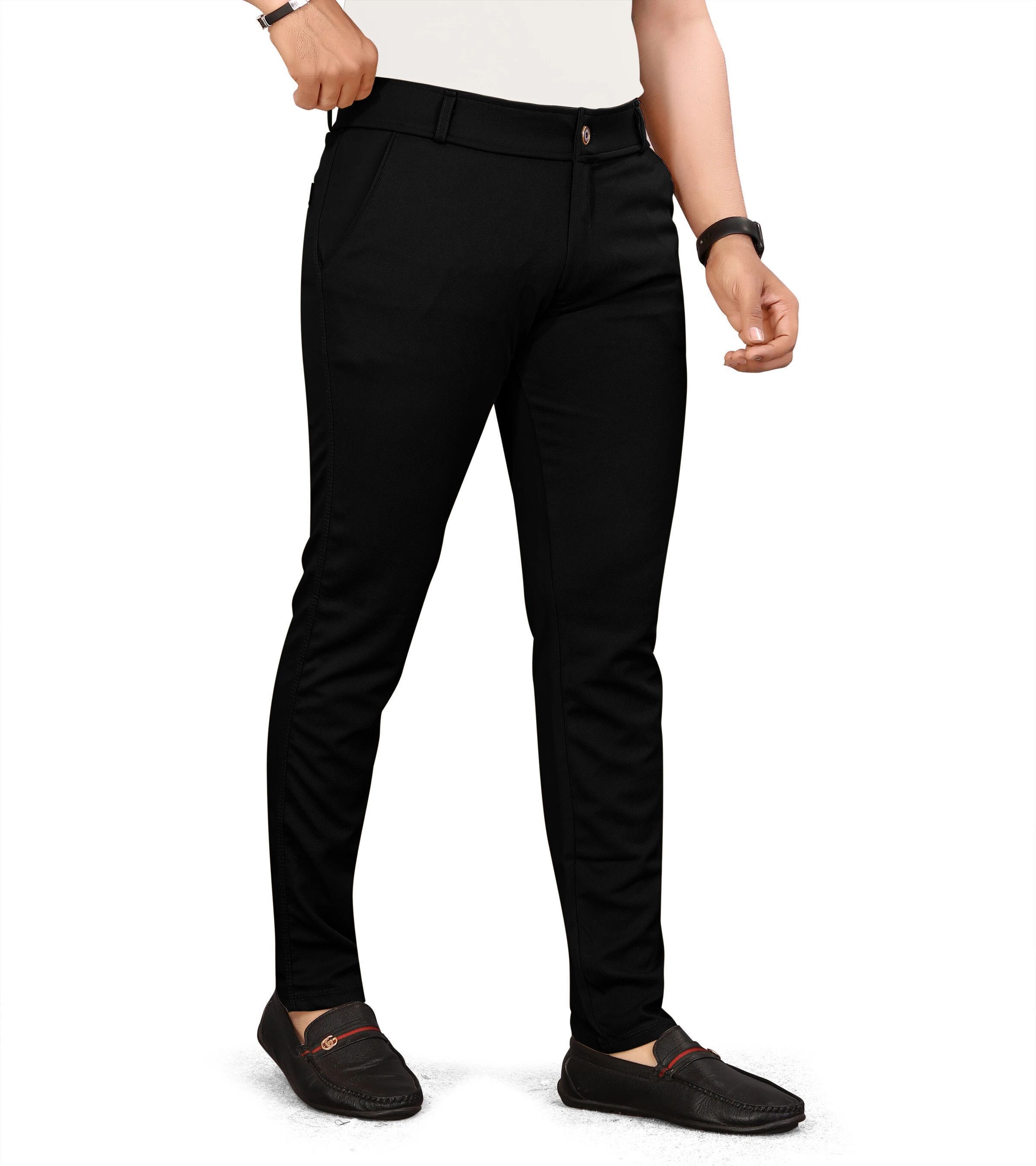 Men Slim Fit Black Lycra Blend Trousers-image-34