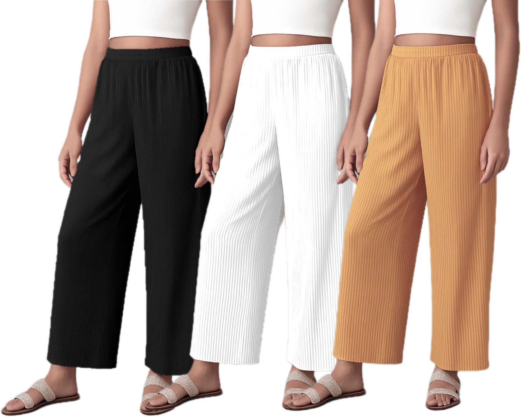 Pack of 3 Women Relaxed Black, White, Beige Crepe Trousers