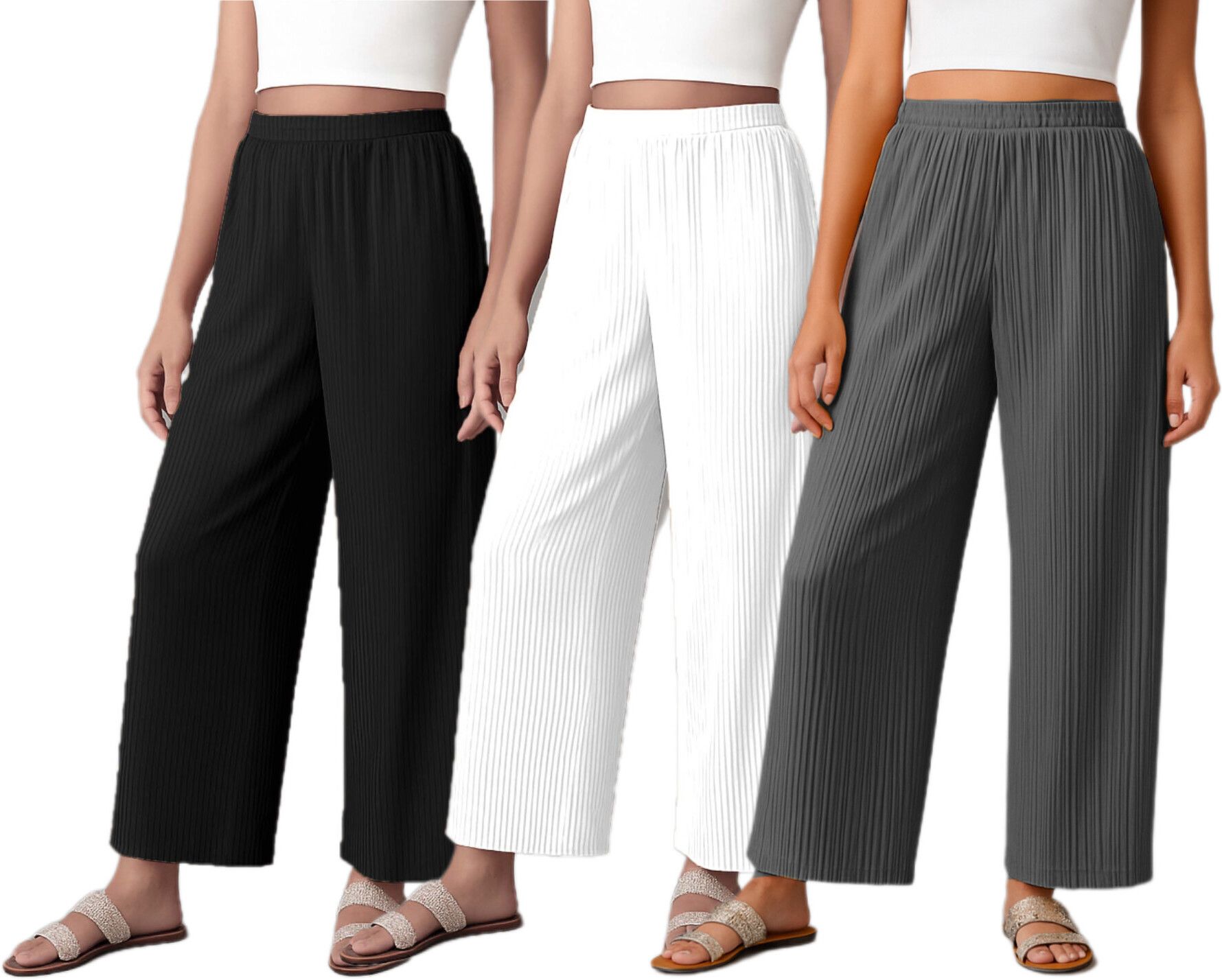 Pack of 3 Women Relaxed Grey, Black, White Crepe Trousers