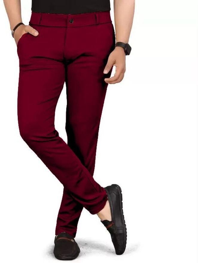 Men Regular Fit Maroon Lycra Blend Trousers-image-9