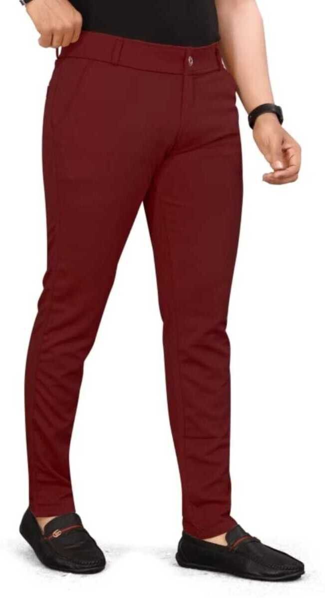 Men Slim Fit Maroon Lycra Blend Trousers-image-23