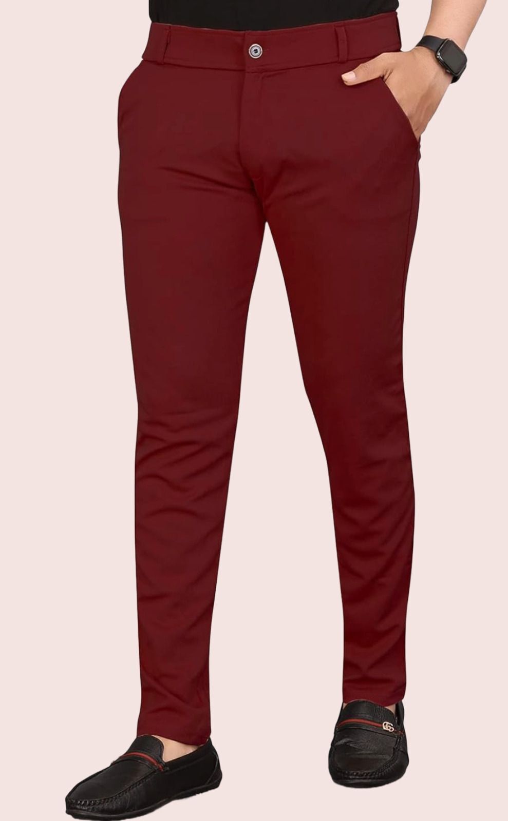 Men Regular Fit Maroon Lycra Blend Trousers-image-7