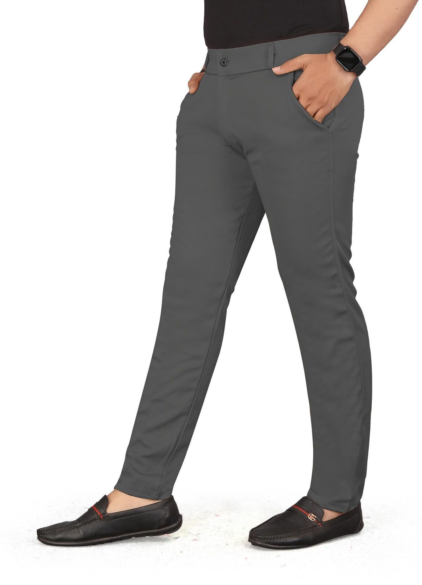 Men Slim Fit Grey Lycra Blend Trousers-image-24