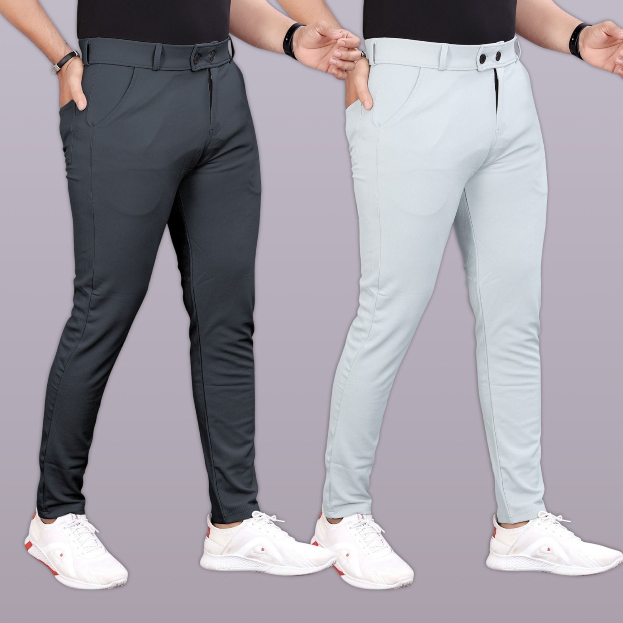 Pack of 2 Men Slim Fit Multicolor Lycra Blend Trousers-image-10