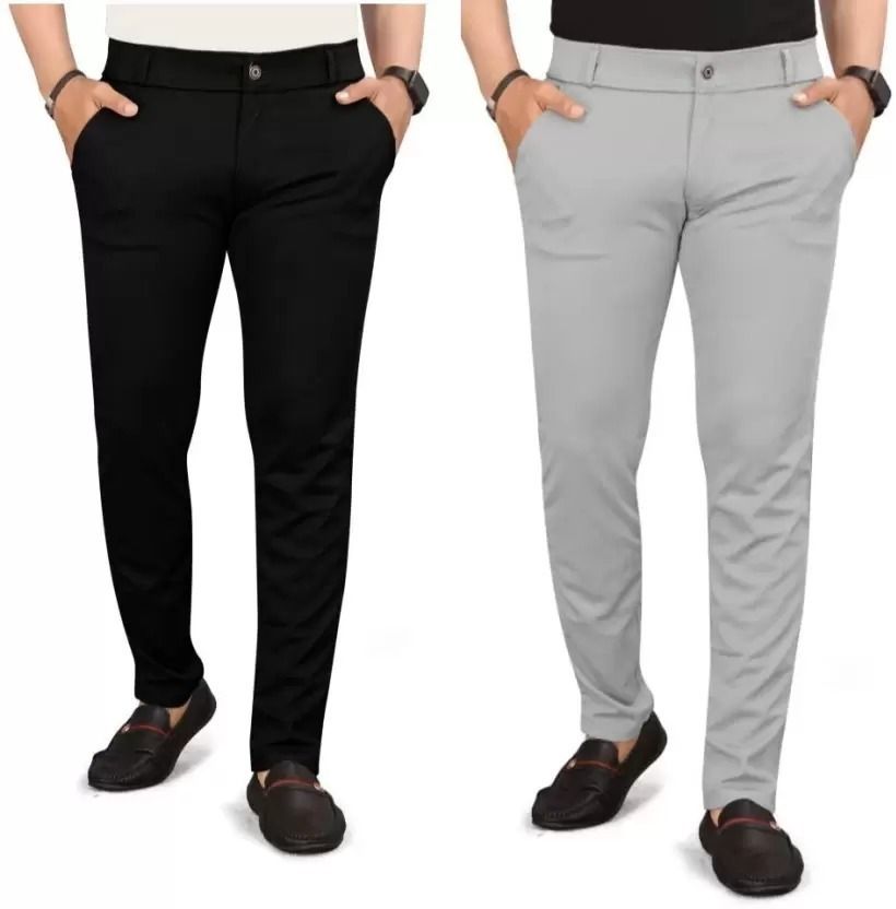 Pack of 2 Men Regular Fit Multicolor Lycra Blend Trousers