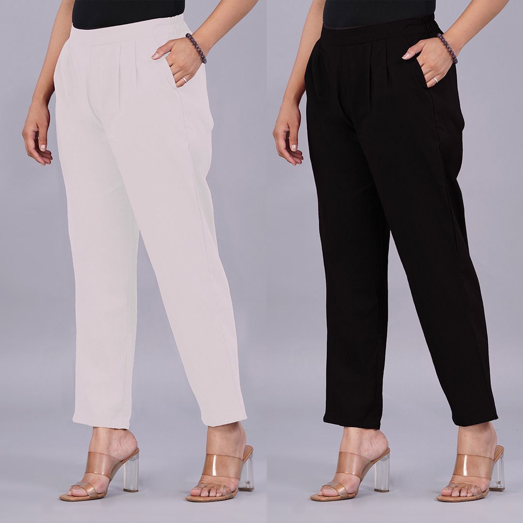 venitywave Pack of 2 Women Regular Fit White, Black Pure Cotton Trousers-picture-10