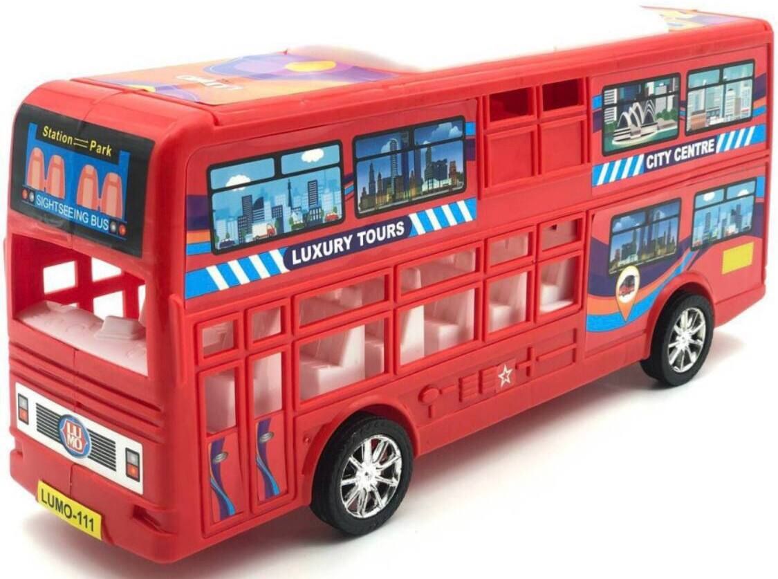 Kids Red Double Decker City Tour Bus Toy with Friction Drive Wheels-image-14