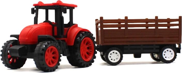Medium size friction powered plastic tractor toy with trailer wagon behind