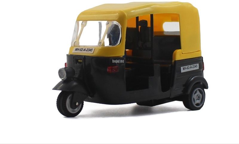Medium size pull back auto rickshaw toy with rubber tires black and yellow color-image-41