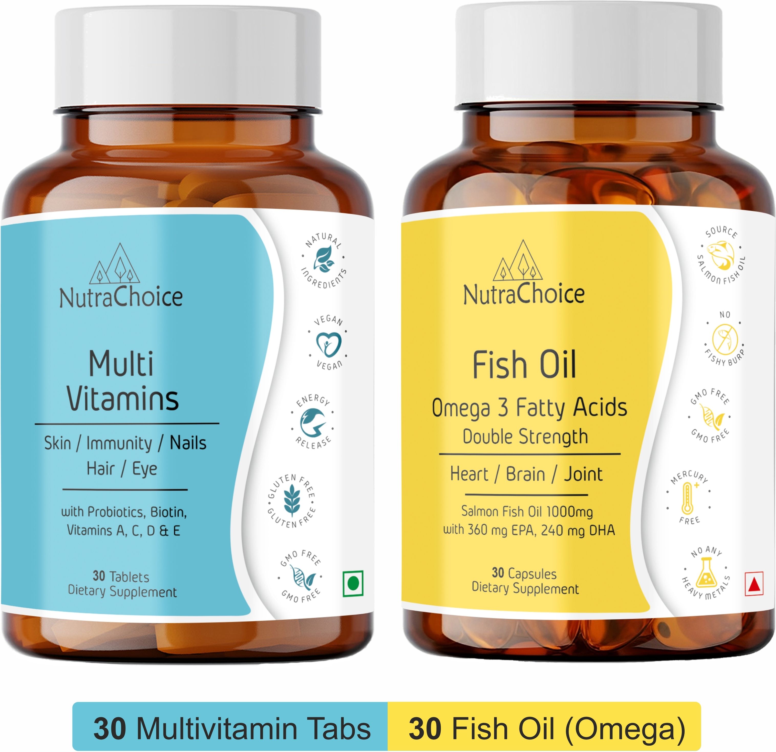 Multivitamin & Omega 3 Fish Oil 1000mg Combo (30N Tabs + 30N Caps)