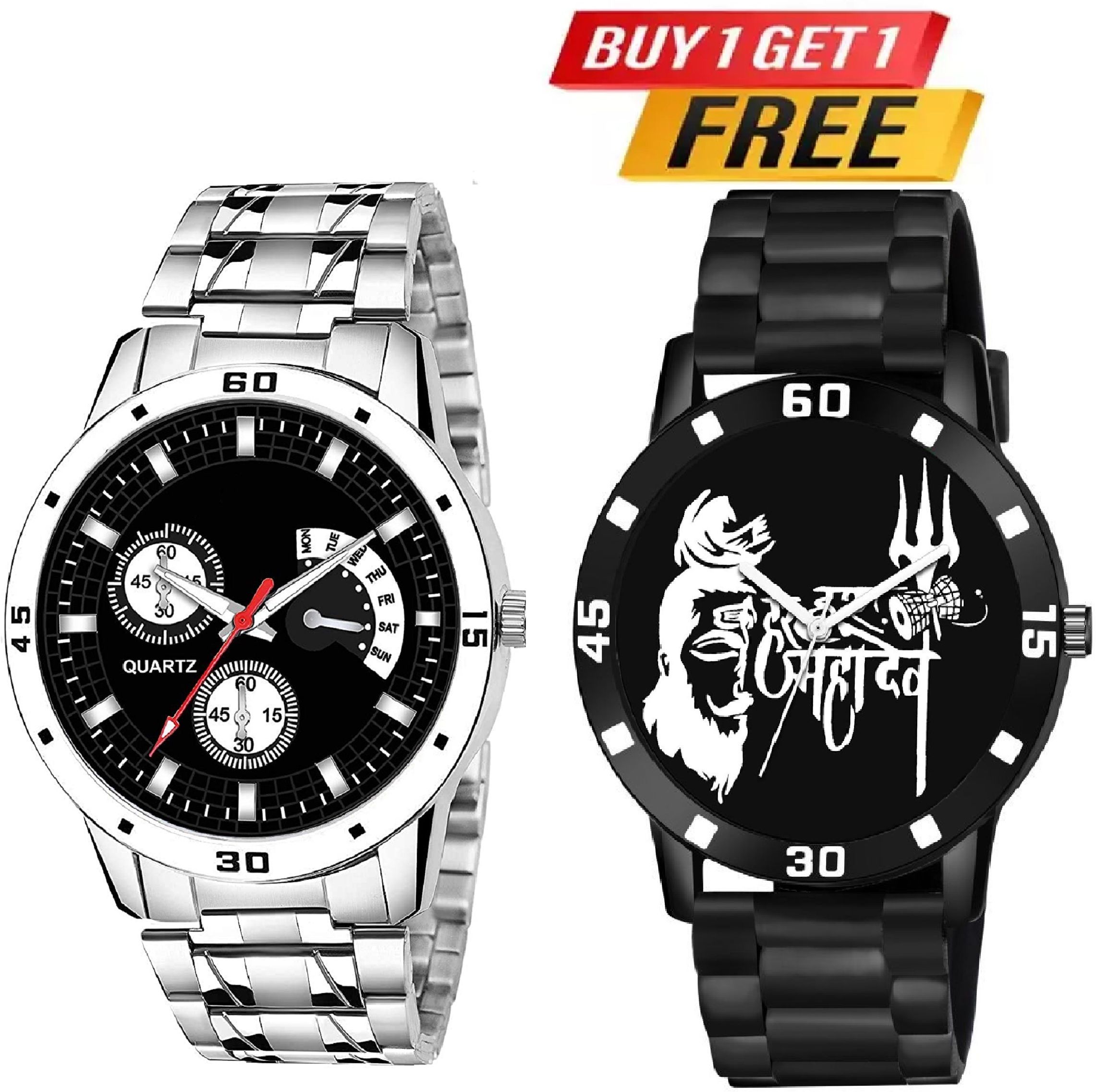 hc harmi creative HC HARMI CRTEATIVE Buy 1 Get 1 free Analogue Black Dial Stainless Steel Chain Analog Watch - For Men Black Dial Gift Combo watch For Men Boys-picture-16
